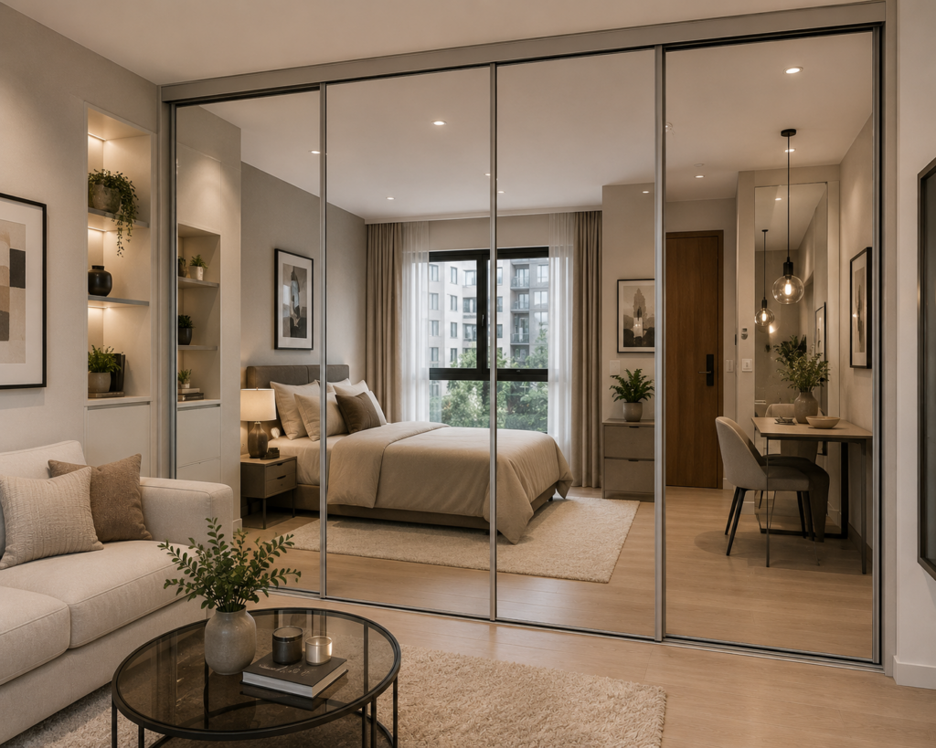 Mirror Sliding Partitions for Small Rooms